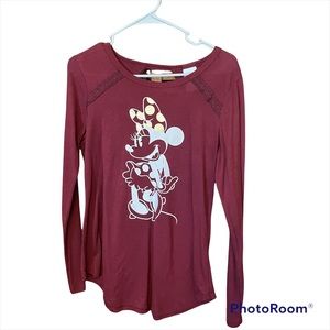 Disney Minnie Mouse Burgundy Long Sleeve Light Weight Open Back Lace Size J Med